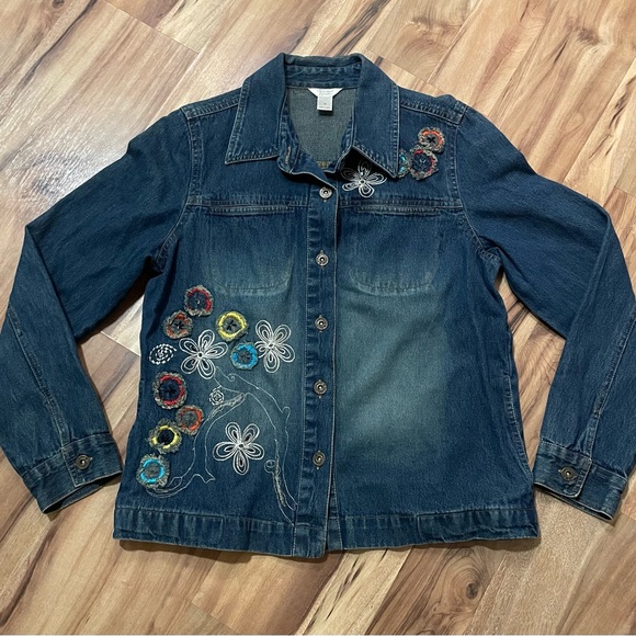 Christopher & Banks Jackets & Blazers - VTG Christopher & Banks Blue Denim Jacket with Floral Embroidery Sz M